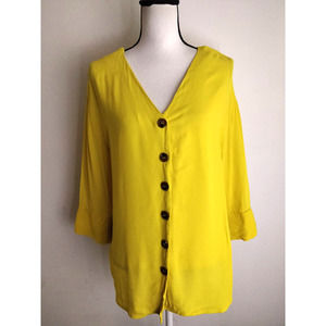 RD + Koko Yellow V-neck Button Front Open Back Blouse Women's Size M